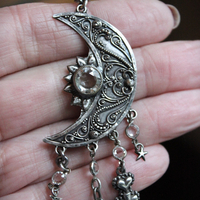 Light Persists Earrings w/Intricate Antique Sterling Crescent Moons, Tiny Sterling Stars, Faceted Rock Crystal Tear Drops,Sterling Heart Cross