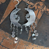 Light Persists Earrings w/Intricate Antique Sterling Crescent Moons, Tiny Sterling Stars, Faceted Rock Crystal Tear Drops,Sterling Heart Cross