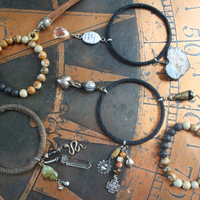 Set of Five Bangles with Suede and Distressed Leather, Sterling Capped Rock Quartz Point, Unique Drops, Sterling Cross, Druzy Crystal Heart & More!