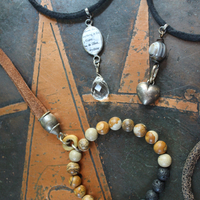 Set of Five Bangles with Suede and Distressed Leather, Sterling Capped Rock Quartz Point, Unique Drops, Sterling Cross, Druzy Crystal Heart & More!