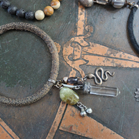 Set of Five Bangles with Suede and Distressed Leather, Sterling Capped Rock Quartz Point, Unique Drops, Sterling Cross, Druzy Crystal Heart & More!