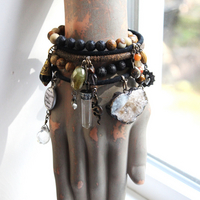Set of Five Bangles with Suede and Distressed Leather, Sterling Capped Rock Quartz Point, Unique Drops, Sterling Cross, Druzy Crystal Heart & More!