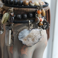 Set of Five Bangles with Suede and Distressed Leather, Sterling Capped Rock Quartz Point, Unique Drops, Sterling Cross, Druzy Crystal Heart & More!