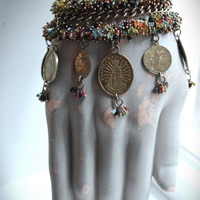 Unique 3 Strand Bracelet with 9 Antique French Medals, Hundreds of Tiny Bead Drops, Vintage Chain & Clasp