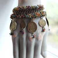 Unique 3 Strand Bracelet with 9 Antique French Medals, Hundreds of Tiny Bead Drops, Vintage Chain & Clasp