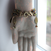 Unique 3 Strand Bracelet with 9 Antique French Medals, Hundreds of Tiny Bead Drops, Vintage Chain & Clasp
