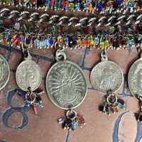 Unique 3 Strand Bracelet with 9 Antique French Medals, Hundreds of Tiny Bead Drops, Vintage Chain & Clasp