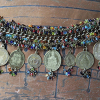 Unique 3 Strand Bracelet with 9 Antique French Medals, Hundreds of Tiny Bead Drops, Vintage Chain & Clasp