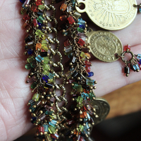 Unique 3 Strand Bracelet with 9 Antique French Medals, Hundreds of Tiny Bead Drops, Vintage Chain & Clasp