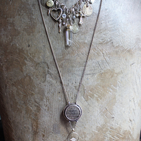 Charm Necklace Set with Solid Perfume Pendant Locket, Quartz Point Drops,Antique French Medals,Hearts,Locket & More!
