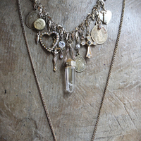 Charm Necklace Set with Solid Perfume Pendant Locket, Quartz Point Drops,Antique French Medals,Hearts,Locket & More!