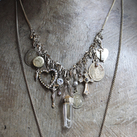 Charm Necklace Set with Solid Perfume Pendant Locket, Quartz Point Drops,Antique French Medals,Hearts,Locket & More!