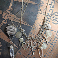 Charm Necklace Set with Solid Perfume Pendant Locket, Quartz Point Drops,Antique French Medals,Hearts,Locket & More!