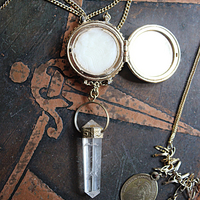 Charm Necklace Set with Solid Perfume Pendant Locket, Quartz Point Drops,Antique French Medals,Hearts,Locket & More!