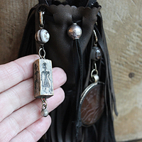 Ancient Zoroastrian Pendants and Stamping Bead Amulets Necklace Set with Antique Agate Connectors,Sterling Bead,Leather Fringe Pouch & Ties