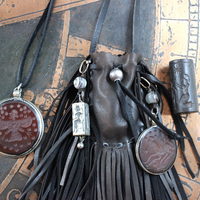 Ancient Zoroastrian Pendants and Stamping Bead Amulets Necklace Set with Antique Agate Connectors,Sterling Bead,Leather Fringe Pouch & Ties