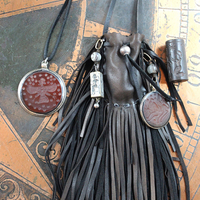 Ancient Zoroastrian Pendants and Stamping Bead Amulets Necklace Set with Antique Agate Connectors,Sterling Bead,Leather Fringe Pouch & Ties