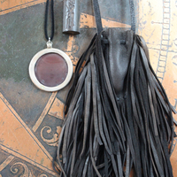 Ancient Zoroastrian Pendants and Stamping Bead Amulets Necklace Set with Antique Agate Connectors,Sterling Bead,Leather Fringe Pouch & Ties