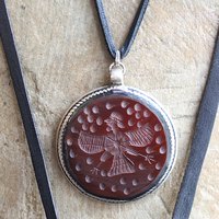 Ancient Zoroastrian Pendants and Stamping Bead Amulets Necklace Set with Antique Agate Connectors,Sterling Bead,Leather Fringe Pouch & Ties