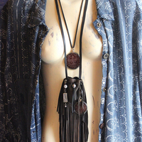 Ancient Zoroastrian Pendants and Stamping Bead Amulets Necklace Set with Antique Agate Connectors,Sterling Bead,Leather Fringe Pouch & Ties