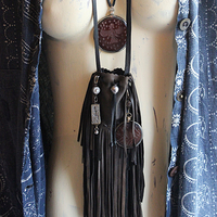 Ancient Zoroastrian Pendants and Stamping Bead Amulets Necklace Set with Antique Agate Connectors,Sterling Bead,Leather Fringe Pouch & Ties