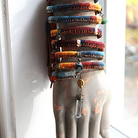 Antique Serape Textile Coil Bracelet with Sterling Capped Quartz Point, Serape Capped Leather Tassel,Faceted Gemstone & Turquoise Drops