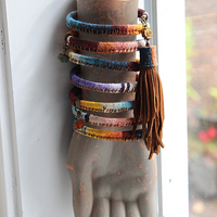Antique Serape Textile Coil Bracelet with Sterling Capped Quartz Point, Serape Capped Leather Tassel,Faceted Gemstone & Turquoise Drops