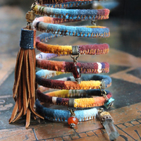 Antique Serape Textile Coil Bracelet with Sterling Capped Quartz Point, Serape Capped Leather Tassel,Faceted Gemstone & Turquoise Drops