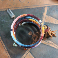 Antique Serape Textile Coil Bracelet with Sterling Capped Quartz Point, Serape Capped Leather Tassel,Faceted Gemstone & Turquoise Drops