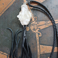 NEW! Seek That Necklace with Sterling Bezelled Faceted Rock Quartz Pendant, Long Butter Soft Leather Tassel and Braided Leather Chain 