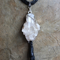 NEW! Seek That Necklace with Sterling Bezelled Faceted Rock Quartz Pendant, Long Butter Soft Leather Tassel and Braided Leather Chain 