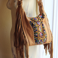 OOAK High Quality Kavana Butter Soft Leather Fringe Bag with Woven Banjara Textile, Stitching Details and Whipstitched Strap