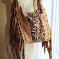 OOAK High Quality Kavana Butter Soft Leather Fringe Bag with Woven Banjara Textile, Stitching Details and Whipstitched Strap