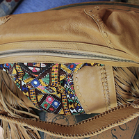 OOAK High Quality Kavana Butter Soft Leather Fringe Bag with Woven Banjara Textile, Stitching Details and Whipstitched Strap