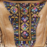 OOAK High Quality Kavana Butter Soft Leather Fringe Bag with Woven Banjara Textile, Stitching Details and Whipstitched Strap