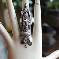 Sold to L Our Mother Sterling Ring with Antique Benitier Mother Mary,Tiny Antique French Medals,Antique Faceted Rock Crystal Connectors 