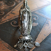 Sold to L Our Mother Sterling Ring with Antique Benitier Mother Mary,Tiny Antique French Medals,Antique Faceted Rock Crystal Connectors 