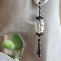 Better Things Earrings with Faceted Clear Rock Quartz,Unique Bead Point Caps, Sterling Foxtail Chain Tassels, Sterling Earring Wires