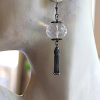 Better Things Earrings with Faceted Clear Rock Quartz,Unique Bead Point Caps, Sterling Foxtail Chain Tassels, Sterling Earring Wires