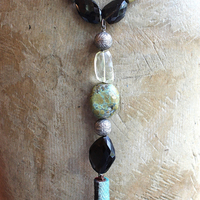 The Grounding Necklace with Faceted Smoky Quartz, Lemon Quartz ,Lone Mountain Turquoise,Rare Antique Engraved Silver Beads,Antique Serape Fragment