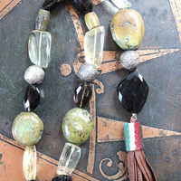 The Grounding Necklace with Faceted Smoky Quartz, Lemon Quartz ,Lone Mountain Turquoise,Rare Antique Engraved Silver Beads,Antique Serape Fragment