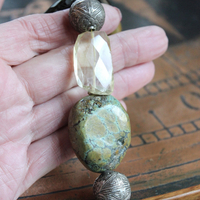 The Grounding Necklace with Faceted Smoky Quartz, Lemon Quartz ,Lone Mountain Turquoise,Rare Antique Engraved Silver Beads,Antique Serape Fragment