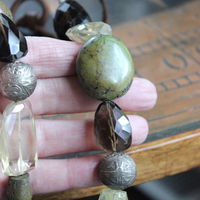 The Grounding Necklace with Faceted Smoky Quartz, Lemon Quartz ,Lone Mountain Turquoise,Rare Antique Engraved Silver Beads,Antique Serape Fragment
