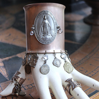 Italian Bronze & Silver Marian Cuff with Antique French Medals, Prong Set Crystals & Sterling Cross - Free Rings with Purchase!
