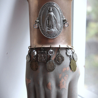 Italian Bronze & Silver Marian Cuff with Antique French Medals, Prong Set Crystals & Sterling Cross - Free Rings with Purchase!