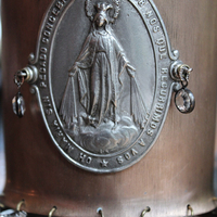 Italian Bronze & Silver Marian Cuff with Antique French Medals, Prong Set Crystals & Sterling Cross - Free Rings with Purchase!