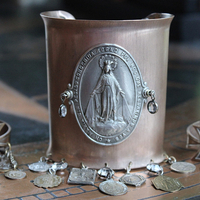 Italian Bronze & Silver Marian Cuff with Antique French Medals, Prong Set Crystals & Sterling Cross - Free Rings with Purchase!