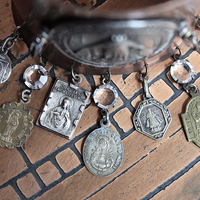 Italian Bronze & Silver Marian Cuff with Antique French Medals, Prong Set Crystals & Sterling Cross - Free Rings with Purchase!