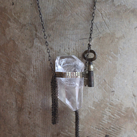 The Key Necklace with Unique Clear Quartz Pendant and Antique Padlock Key