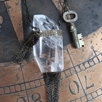 The Key Necklace with Unique Clear Quartz Pendant and Antique Padlock Key